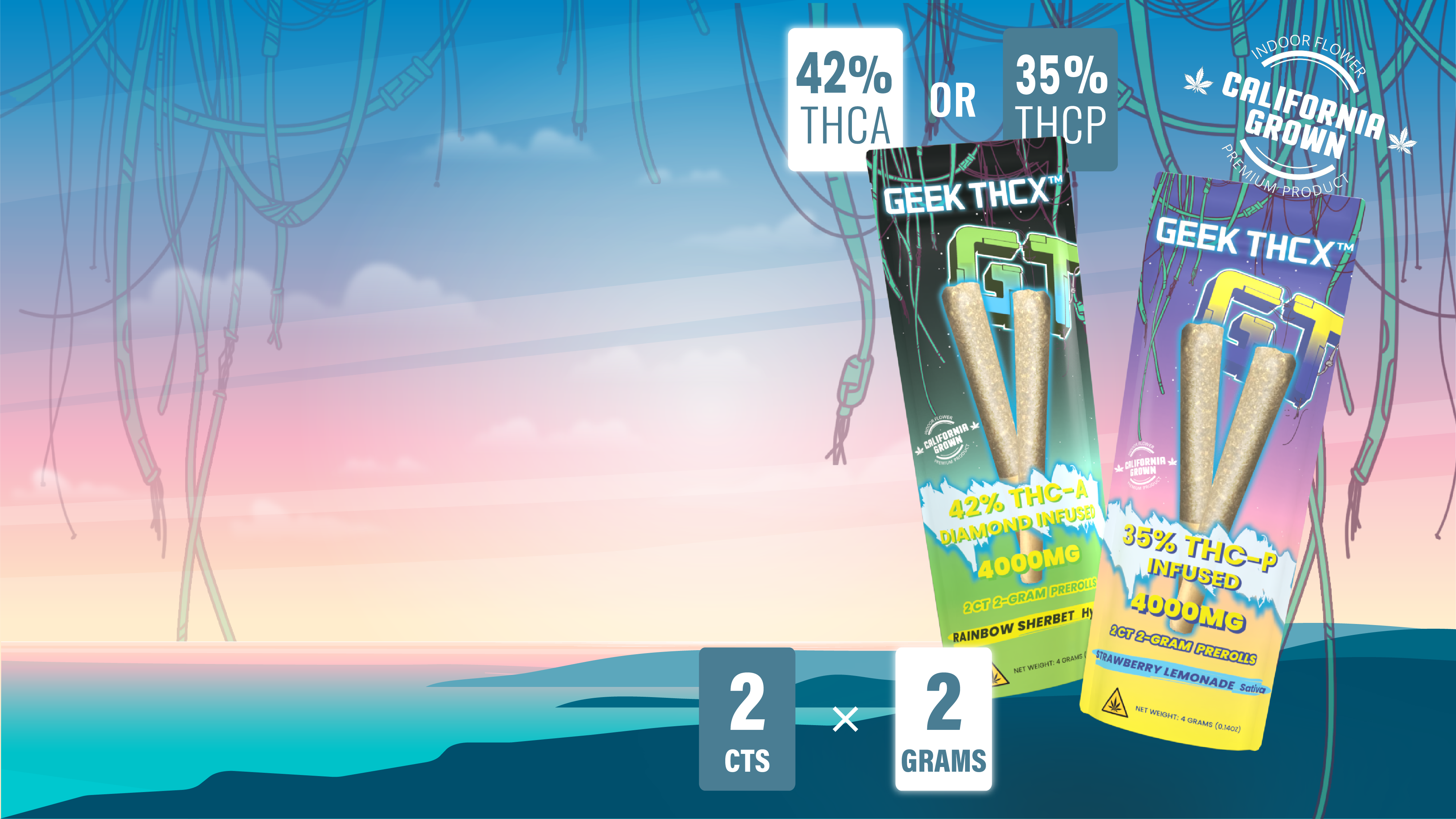 Geek BAR THC THCX 2CT 2G prerolls featuring california grown THCP and THCA flowers