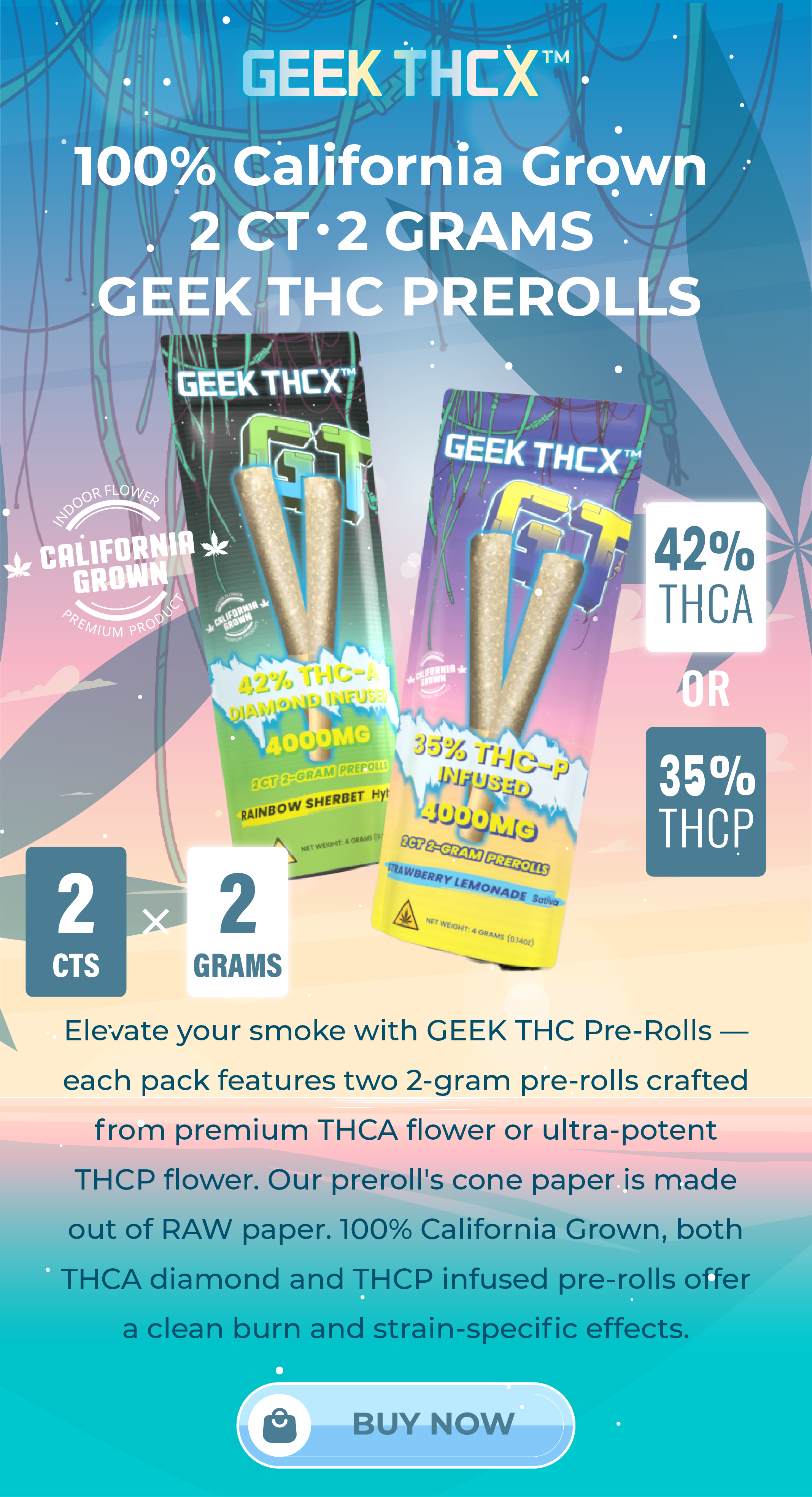 Geek BAR THC THCX 2CT 2G prerolls featuring california grown THCP and THCA flowers